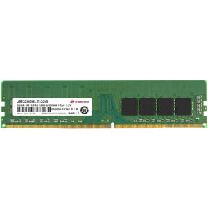 Transcend Information UDIMM with manufacturer reference JM3200HLE-32G """RAM Type DDR4 DIMM Type Unbuffered Long-DIMM Speed 3200 CAS Latency CL22 Capacity 32GB Rank x Org. 2Rx8 Component Composition 2Gx8 Voltage 1.2V Pin Count 288 pin PCB Height 1.23 inches""" Warranty Lifetime