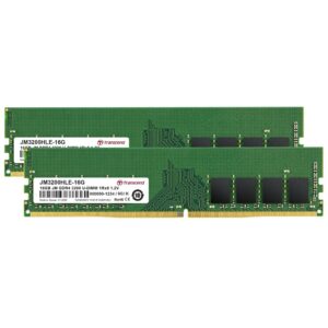Transcend Information UDIMM with manufacturer reference JM3200HLE-32G """RAM Type DDR4 DIMM Type Unbuffered Long-DIMM Speed 3200 CAS Latency CL22 Capacity 32GB Rank x Org. 2Rx8 Component Composition 2Gx8 Voltage 1.2V Pin Count 288 pin PCB Height 1.23 inches""" Warranty Lifetime