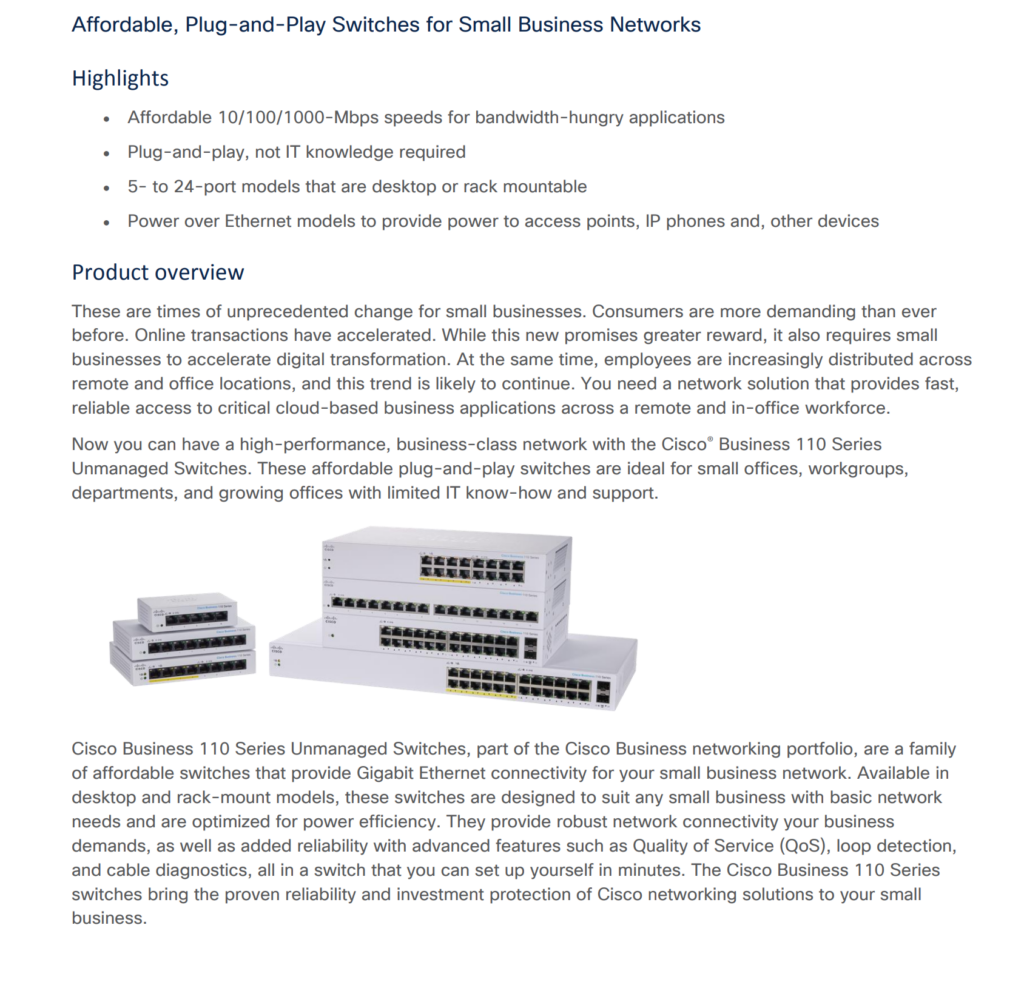 CBS110 Unmanaged 5-port GE, Desktop, Ext PS