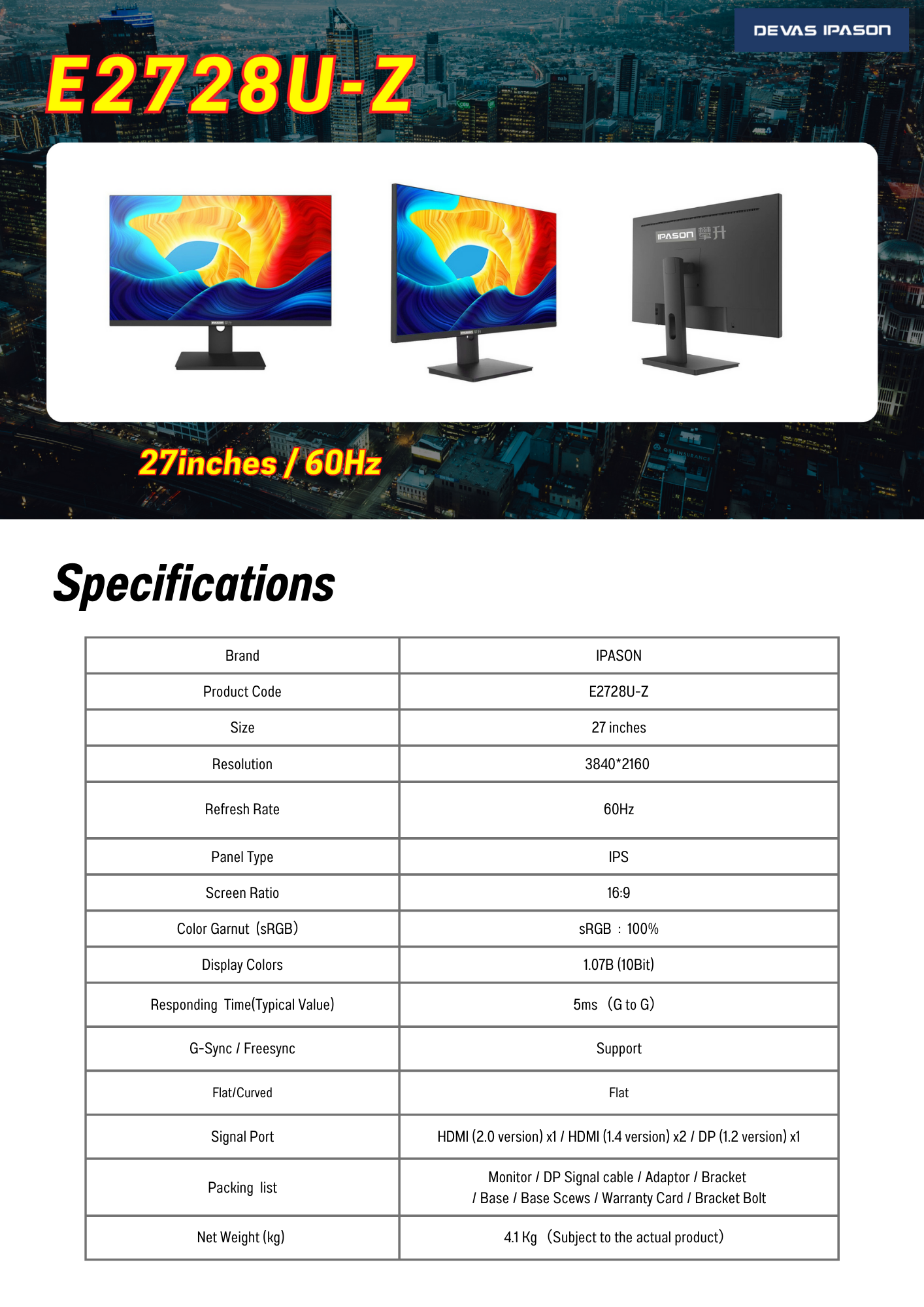 จอคอม IPASON E2728U-Z 27" IPS 4K Monitor 60Hz 