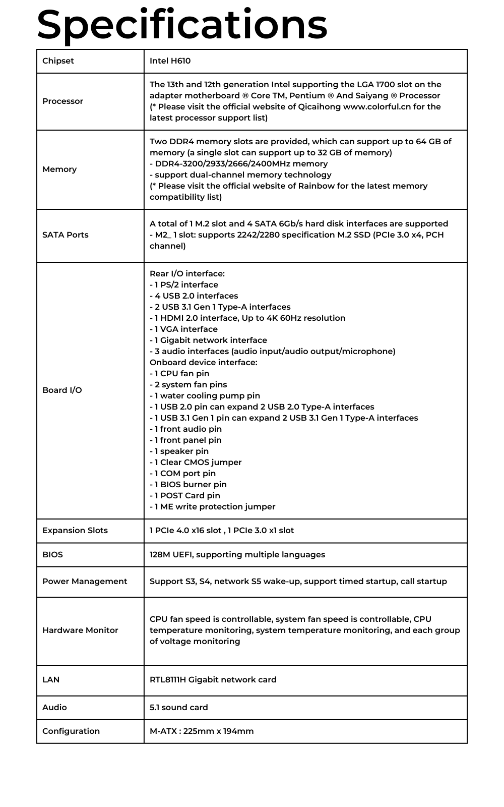 COLORFUL MAINBOARD (เมนบอร์ด) H610M-E M.2 V20